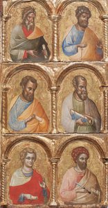 マドンナと子供の天使、はりつけ、12使徒または聖人の詳細、パネル上の1360テンペラ 作： Lorenzo Veneziano